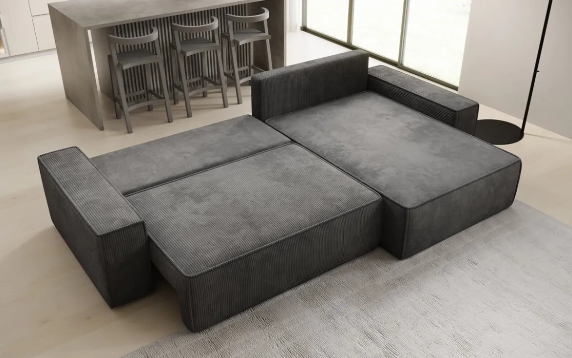 Designer Ecksofa Lunaro mit Schlaf- und Klappfunktion in Cord