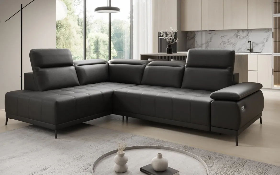 Designer Ecksofa Lyra mit elektrischer Schlaffunktion in Echtleder