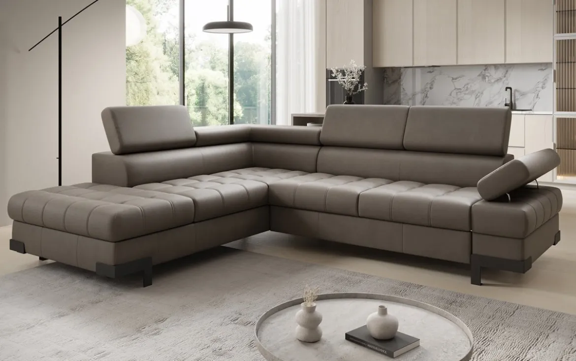Designer Ecksofa Noelia mit Schlaffunktion und Stauraum in Echtleder