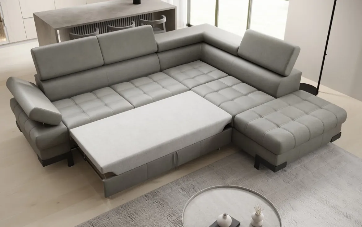 Designer Ecksofa Noelia mit Schlaffunktion und Stauraum in Echtleder