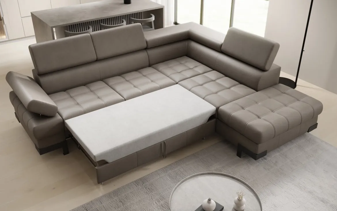 Designer Ecksofa Noelia mit Schlaffunktion und Stauraum in Echtleder
