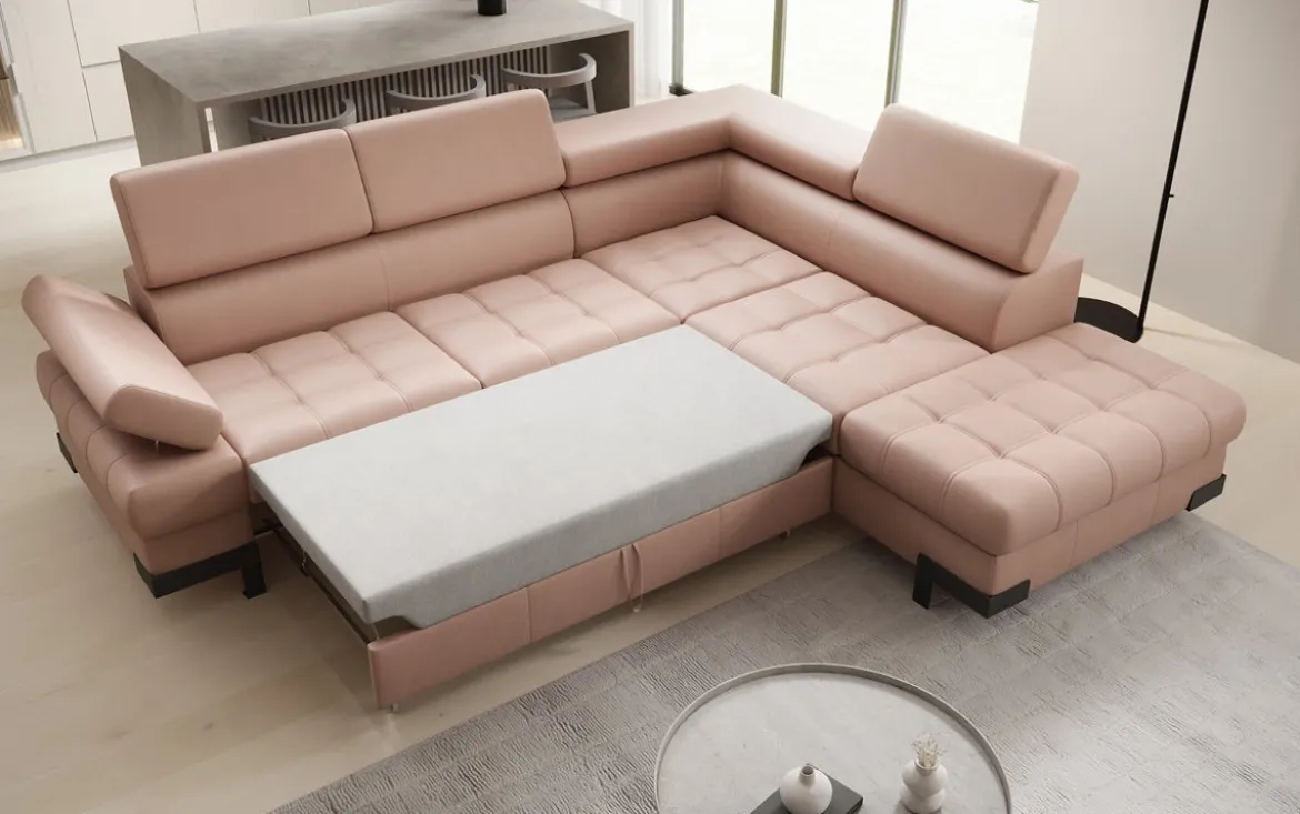 Designer Ecksofa Noelia mit Schlaffunktion und Stauraum in Echtleder