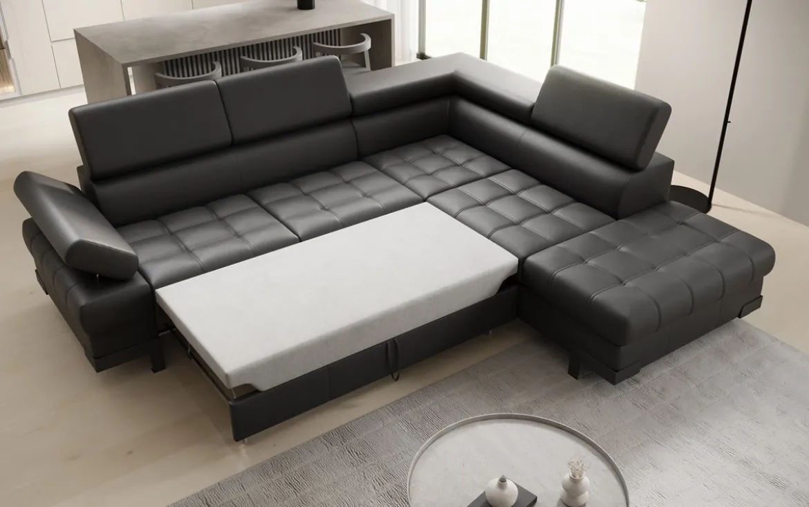 Designer Ecksofa Noelia mit Schlaffunktion und Stauraum in Echtleder