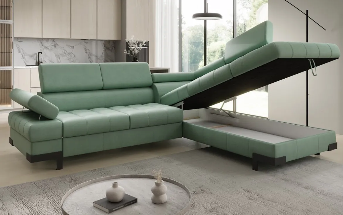 Designer Ecksofa Noelia mit Schlaffunktion und Stauraum in Echtleder