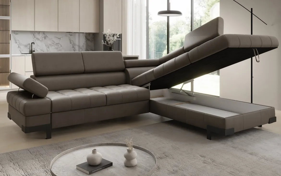 Designer Ecksofa Noelia mit Schlaffunktion und Stauraum in Echtleder