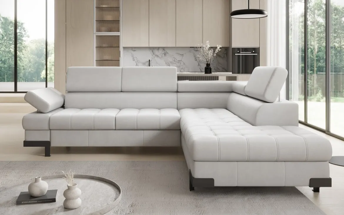 Designer Ecksofa Noelia mit Schlaffunktion und Stauraum in Echtleder