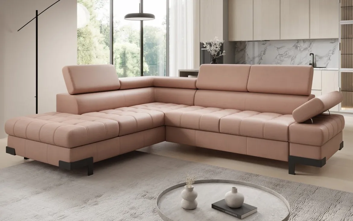 Designer Ecksofa Noelia mit Schlaffunktion und Stauraum in Echtleder