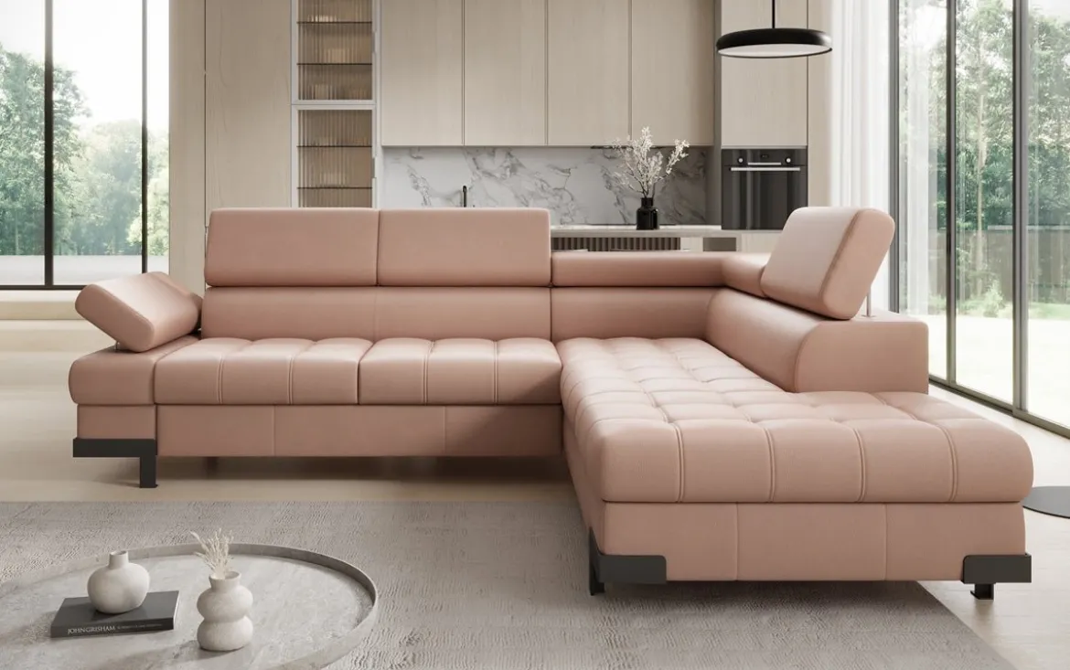 Designer Ecksofa Noelia mit Schlaffunktion und Stauraum in Echtleder