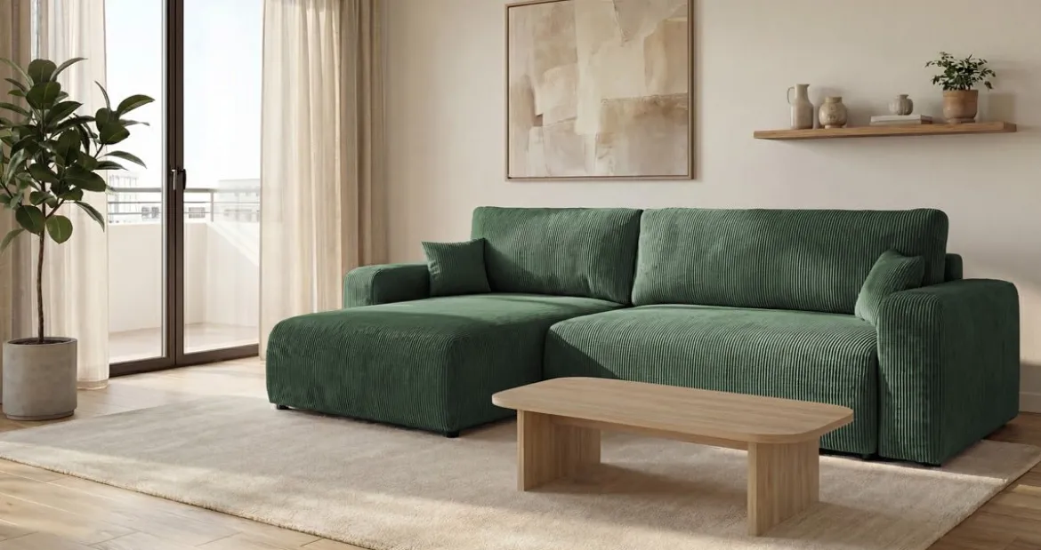 Designer Ecksofa Noma mit Schlaf- und Klappfunktion in Cord