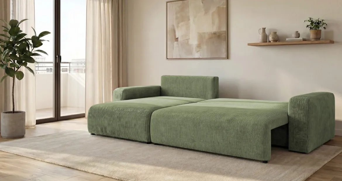 Designer Ecksofa Noma mit Schlaf- und Klappfunktion in Cord