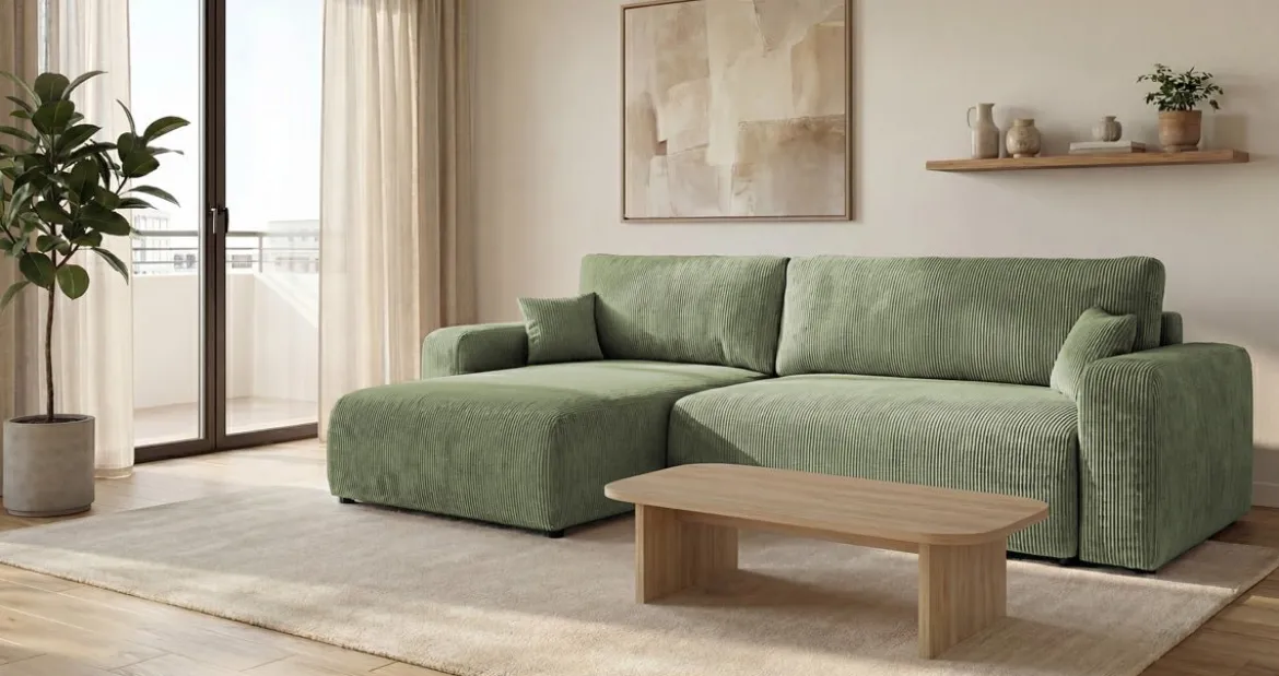 Designer Ecksofa Noma mit Schlaf- und Klappfunktion in Cord