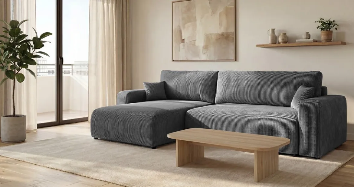 Designer Ecksofa Noma mit Schlaf- und Klappfunktion in Cord