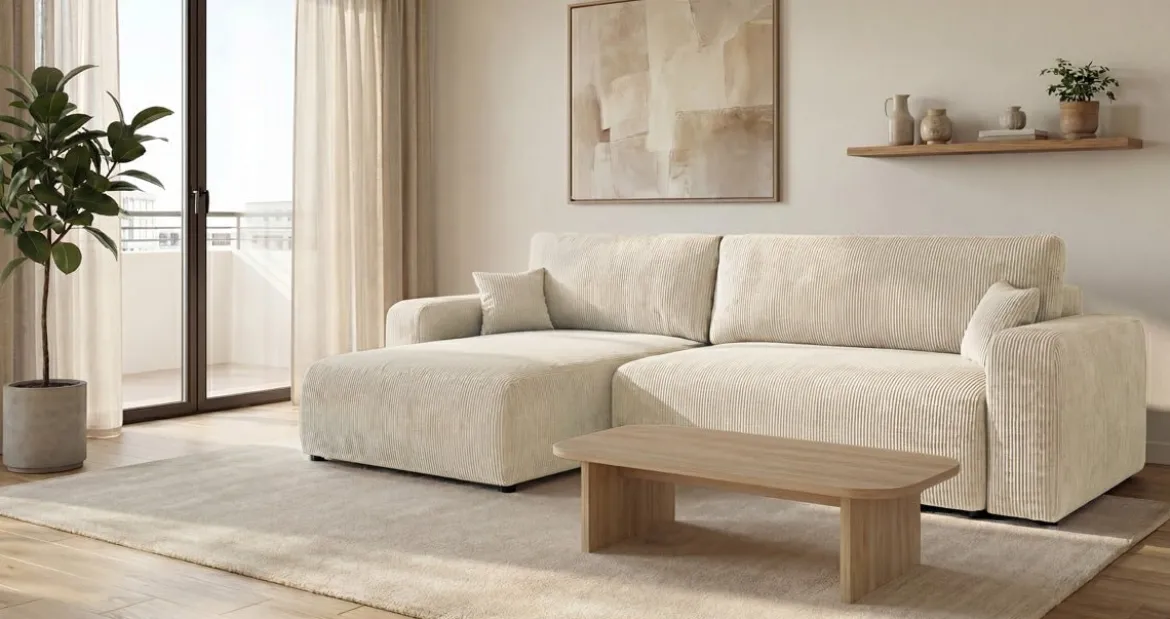 Designer Ecksofa Noma mit Schlaf- und Klappfunktion in Cord