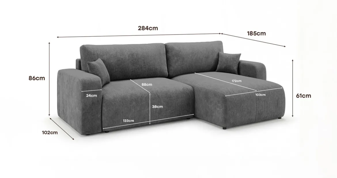 Designer Ecksofa Noma mit Schlaf- und Klappfunktion in Cord