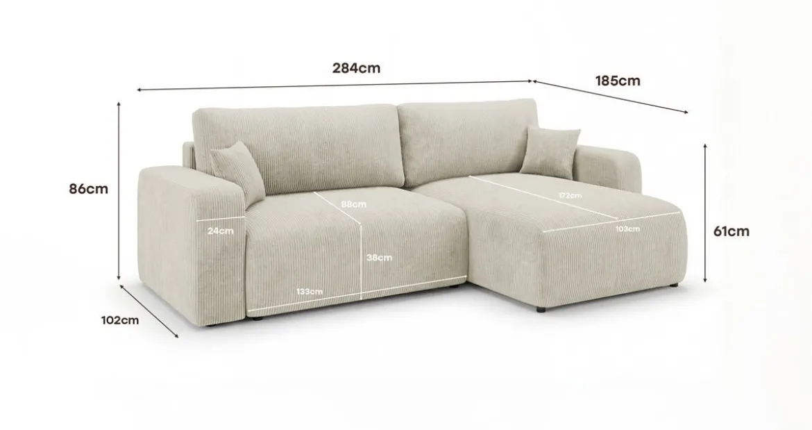 Designer Ecksofa Noma mit Schlaf- und Klappfunktion in Cord