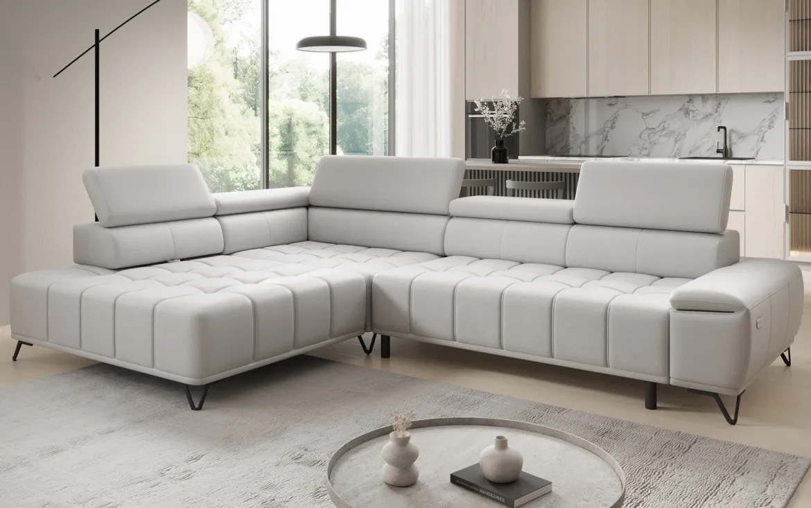 Designer Ecksofa Selora mit elektrischer Schlaffunktion und verstellbarerer Rückenlehne in Echtleder