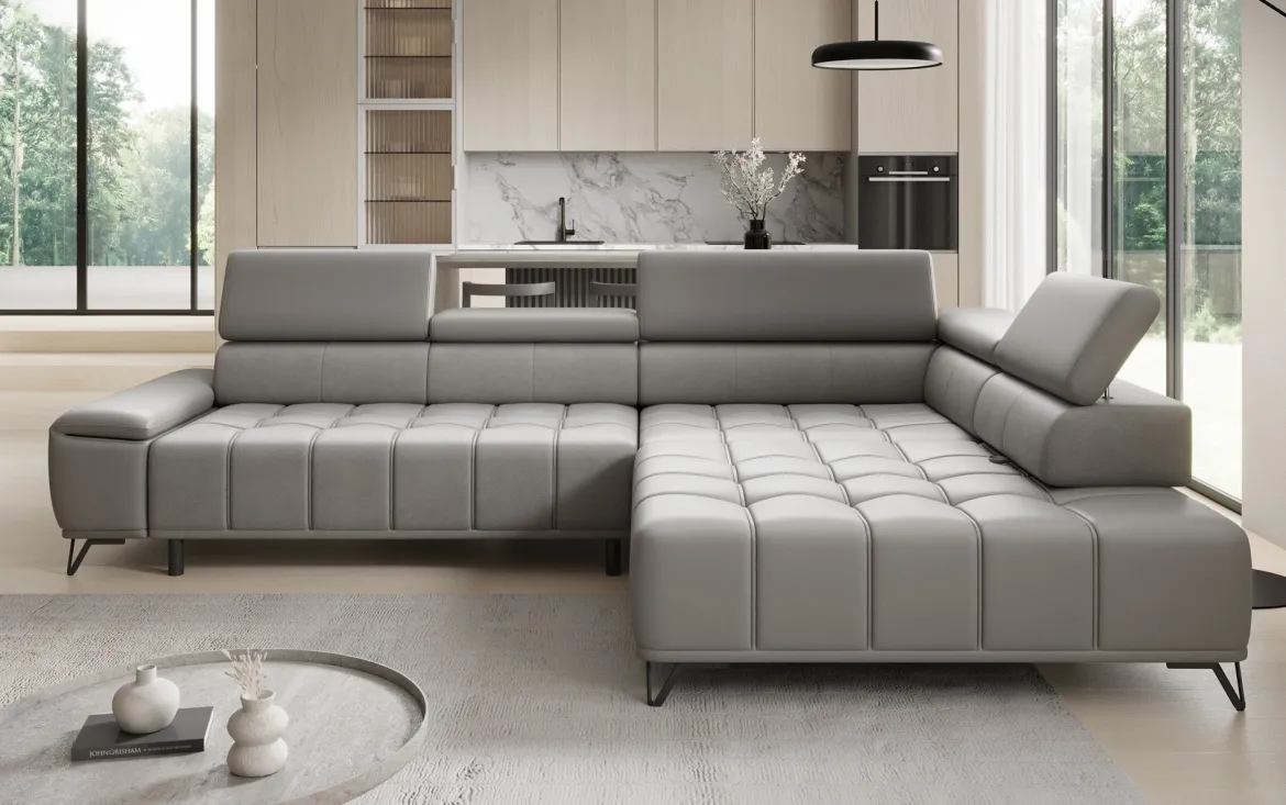 Designer Ecksofa Selora mit elektrischer Schlaffunktion und verstellbarerer Rückenlehne in Echtleder