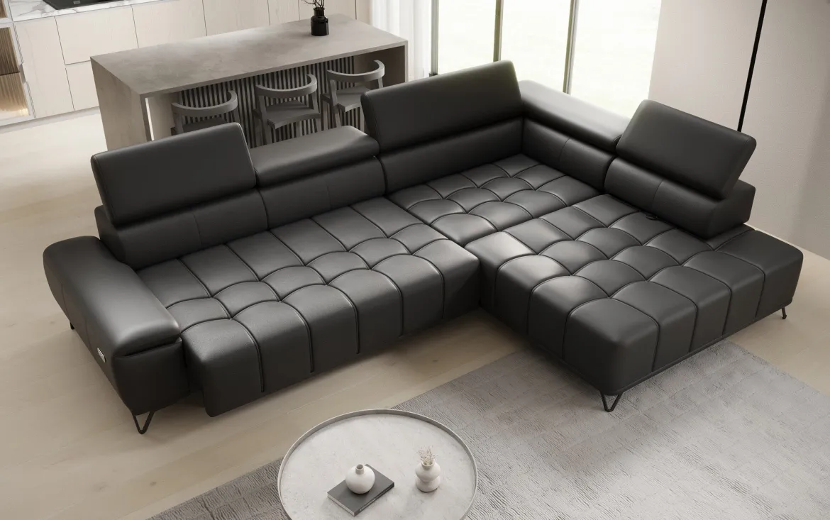 Designer Ecksofa Selora mit elektrischer Schlaffunktion und verstellbarerer Rückenlehne in Echtleder