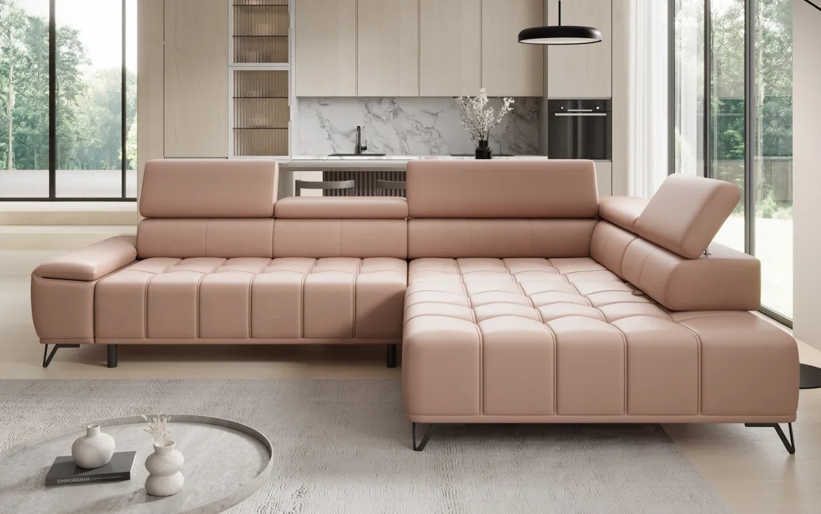 Designer Ecksofa Selora mit elektrischer Schlaffunktion und verstellbarerer Rückenlehne in Echtleder