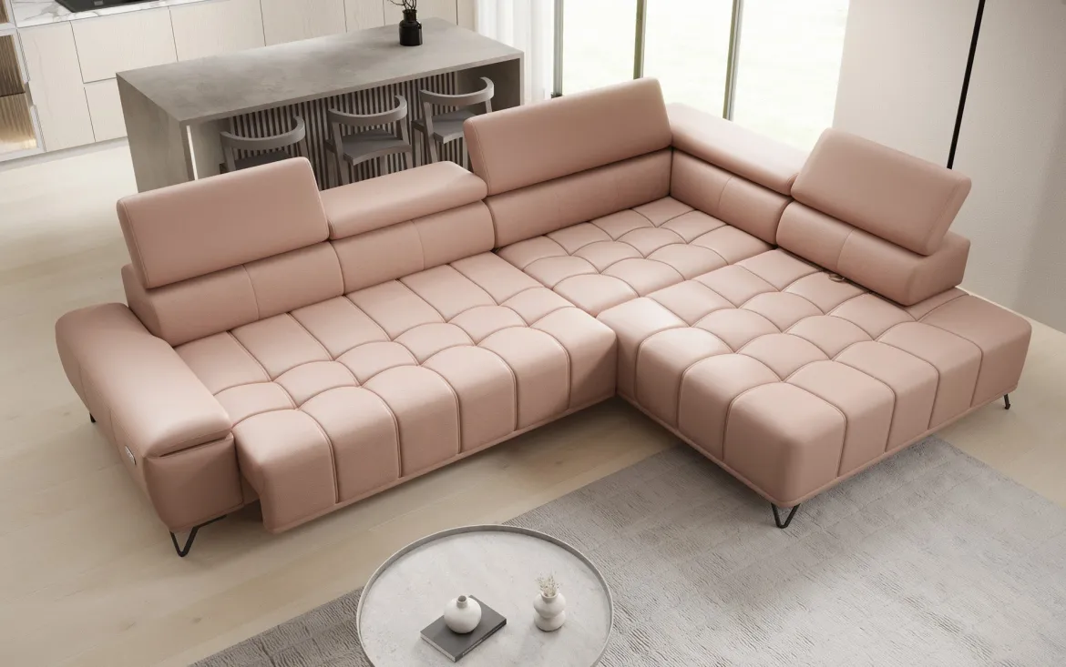 Designer Ecksofa Selora mit elektrischer Schlaffunktion und verstellbarerer Rückenlehne in Echtleder