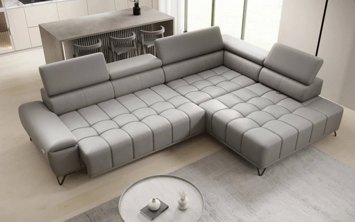 Designer Ecksofa Selora mit elektrischer Schlaffunktion und verstellbarerer Rückenlehne in Echtleder
