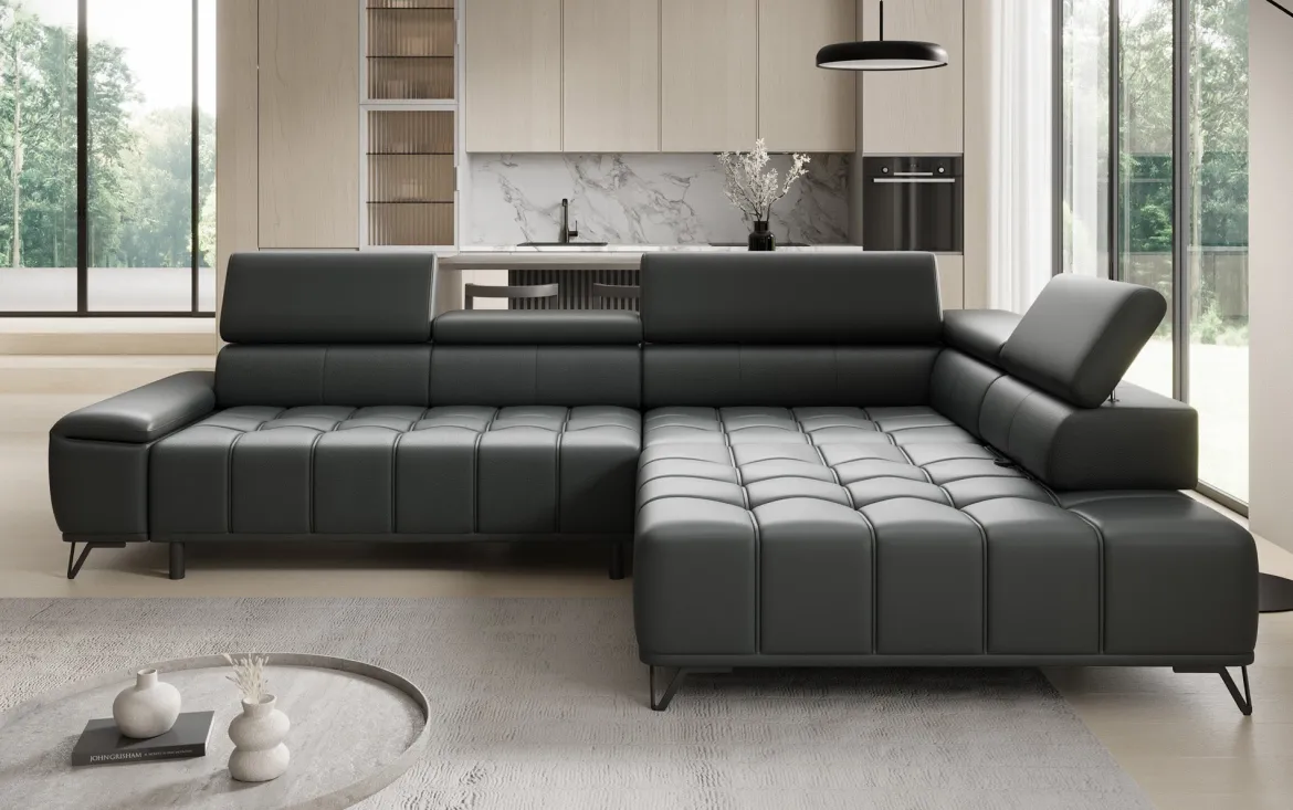 Designer Ecksofa Selora mit elektrischer Schlaffunktion und verstellbarerer Rückenlehne in Echtleder
