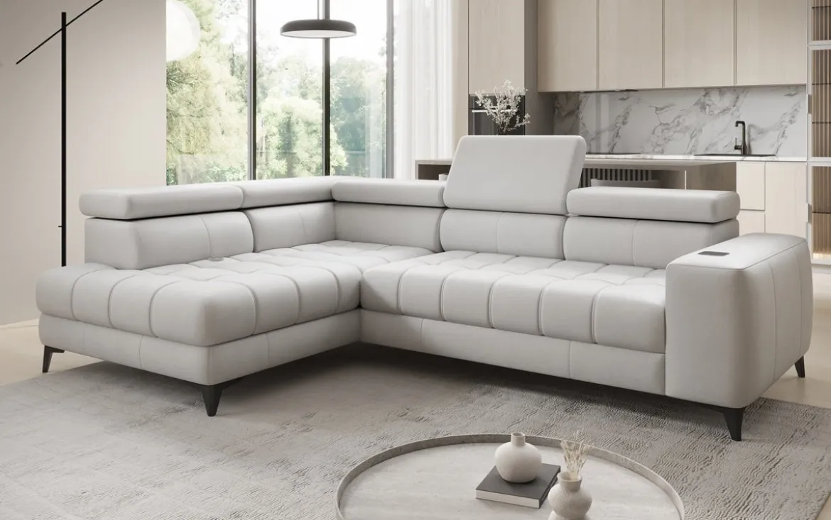Designer Ecksofa Seluna mit elektrischer Schlaffunktion, Induktion und Stauraum in Echtleder