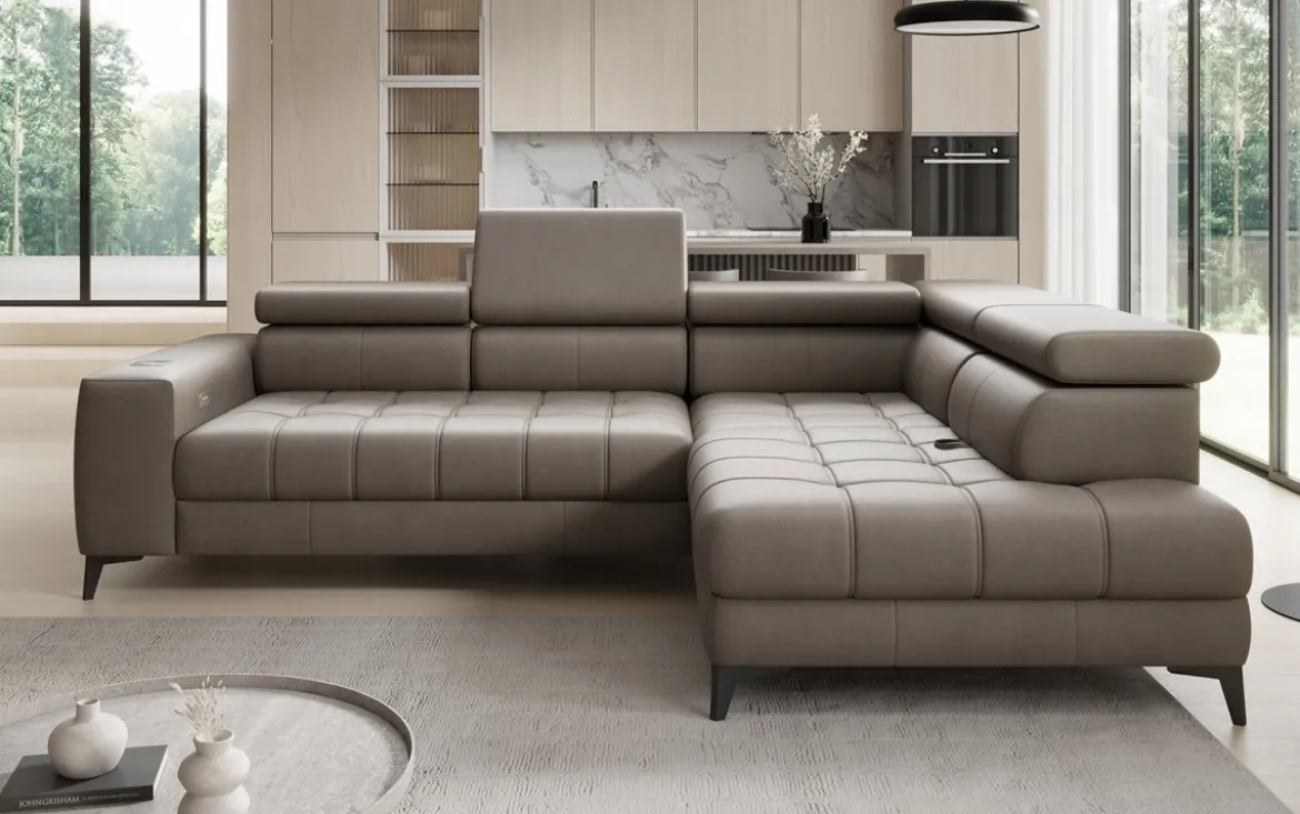 Designer Ecksofa Seluna mit elektrischer Schlaffunktion, Induktion und Stauraum in Echtleder
