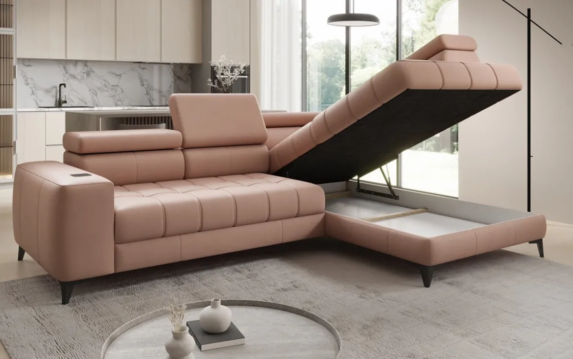 Designer Ecksofa Seluna mit elektrischer Schlaffunktion, Induktion und Stauraum in Echtleder