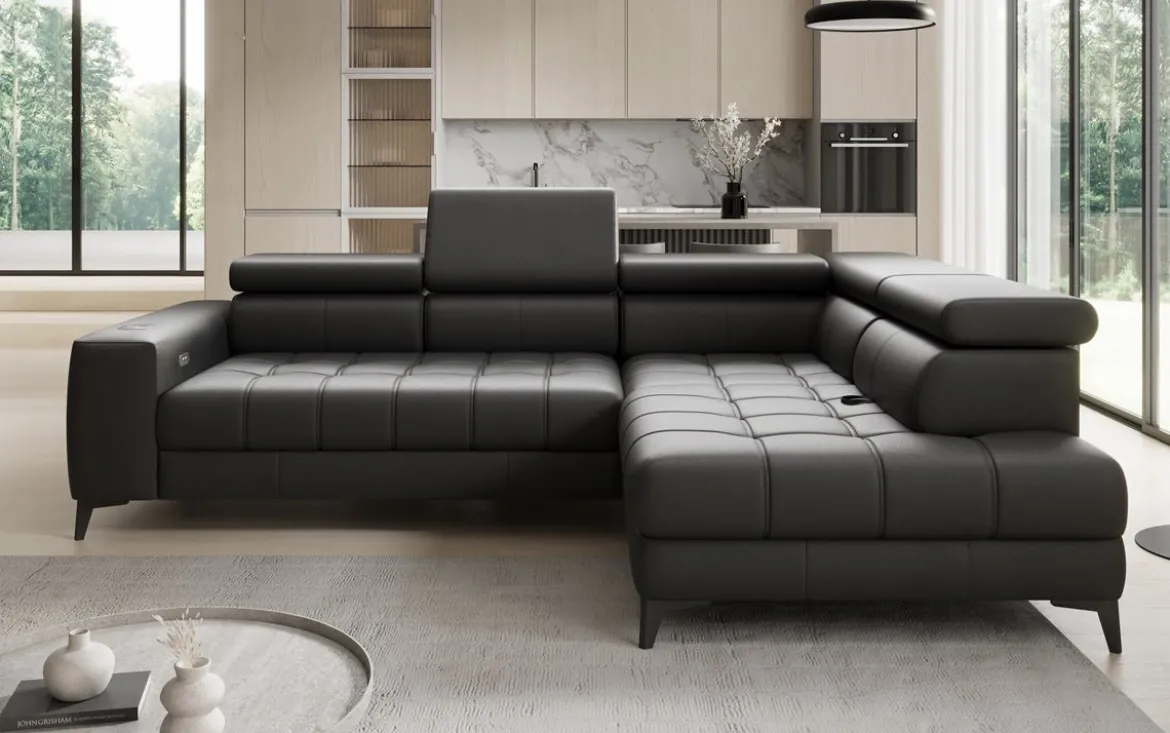 Designer Ecksofa Seluna mit elektrischer Schlaffunktion, Induktion und Stauraum in Echtleder