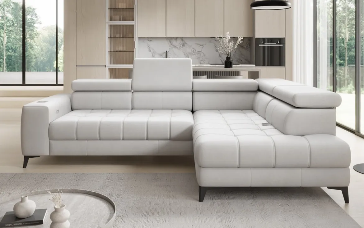 Designer Ecksofa Seluna mit elektrischer Schlaffunktion, Induktion und Stauraum in Echtleder