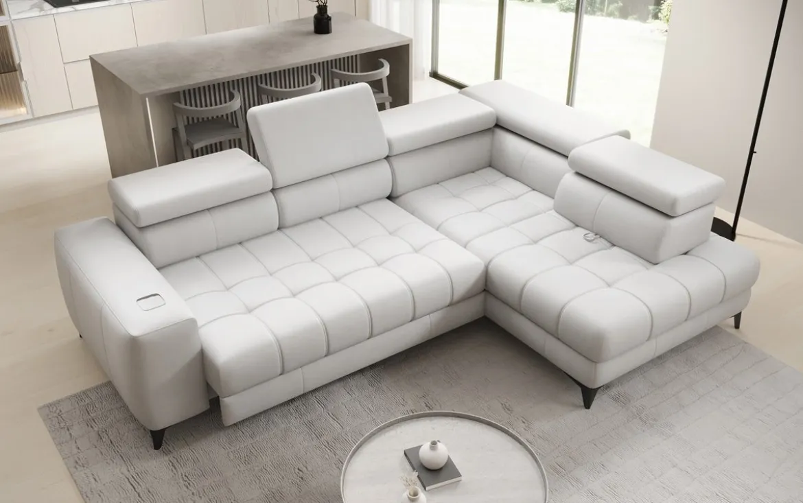 Designer Ecksofa Seluna mit elektrischer Schlaffunktion, Induktion und Stauraum in Echtleder