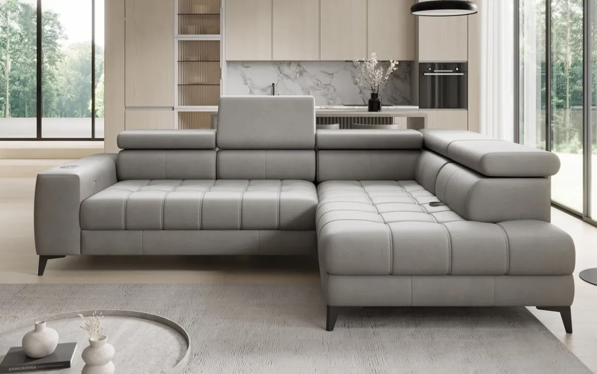 Designer Ecksofa Seluna mit elektrischer Schlaffunktion, Induktion und Stauraum in Echtleder