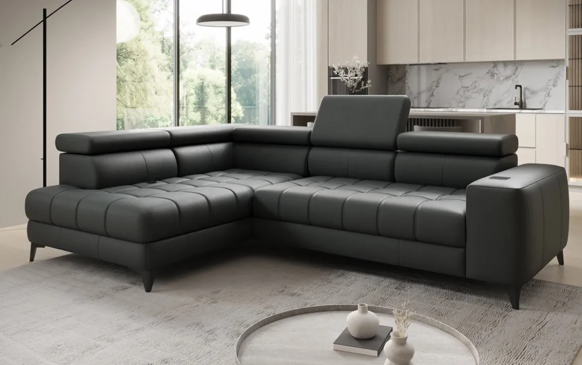 Designer Ecksofa Seluna mit elektrischer Schlaffunktion, Induktion und Stauraum in Echtleder