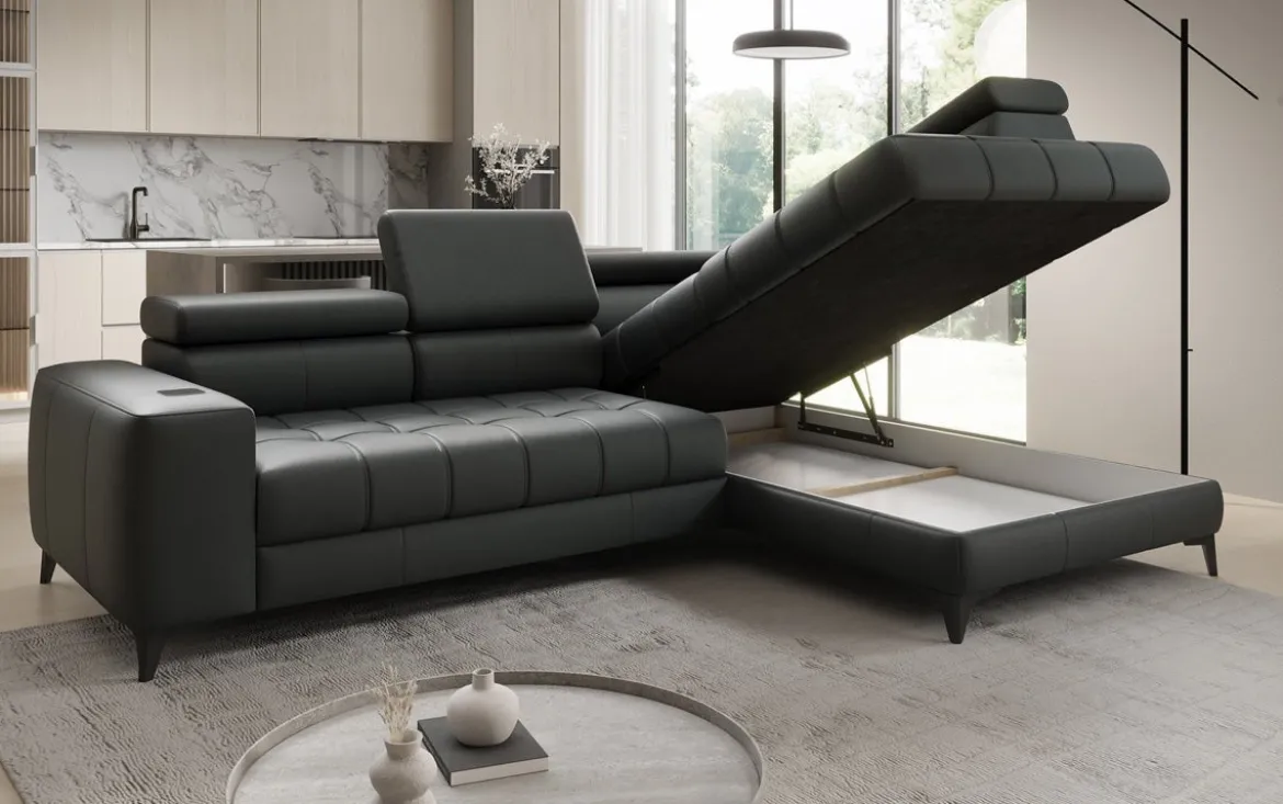 Designer Ecksofa Seluna mit elektrischer Schlaffunktion, Induktion und Stauraum in Echtleder