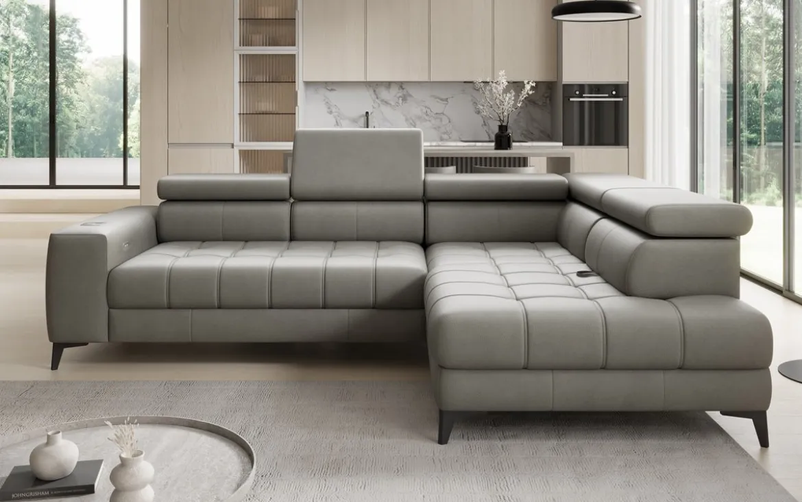 Designer Ecksofa Seluna mit elektrischer Schlaffunktion, Induktion und Stauraum in Echtleder