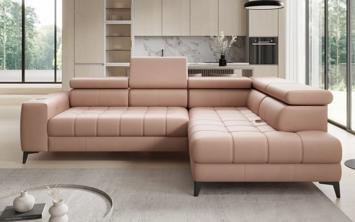 Designer Ecksofa Seluna mit elektrischer Schlaffunktion, Induktion und Stauraum in Echtleder