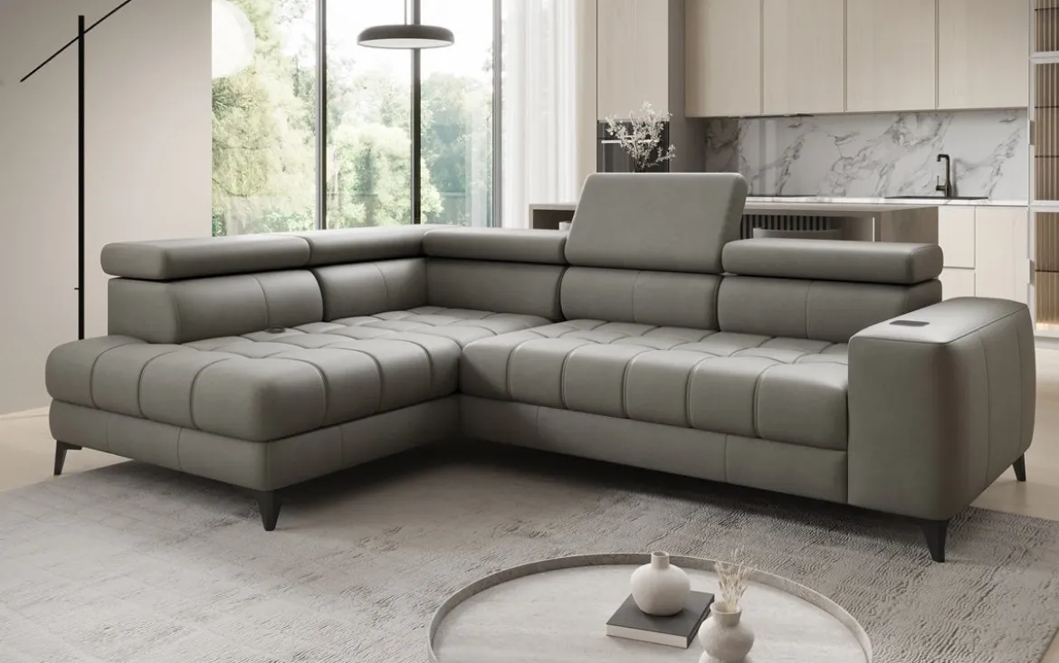 Designer Ecksofa Seluna mit elektrischer Schlaffunktion, Induktion und Stauraum in Echtleder