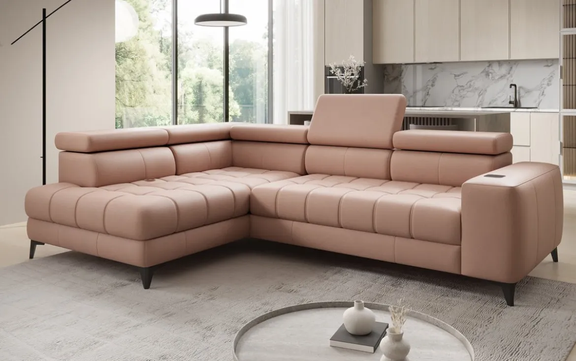 Designer Ecksofa Seluna mit elektrischer Schlaffunktion, Induktion und Stauraum in Echtleder