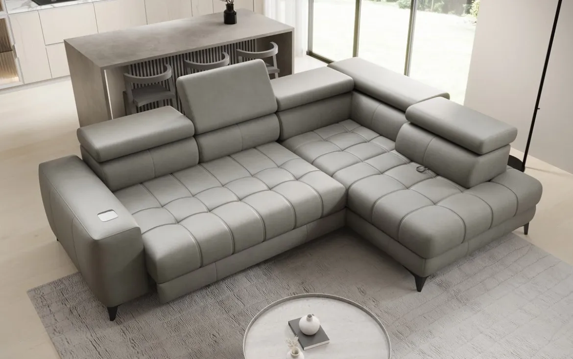 Designer Ecksofa Seluna mit elektrischer Schlaffunktion, Induktion und Stauraum in Echtleder