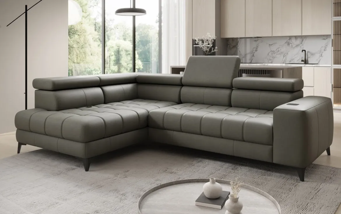 Designer Ecksofa Seluna mit elektrischer Schlaffunktion, Induktion und Stauraum in Echtleder
