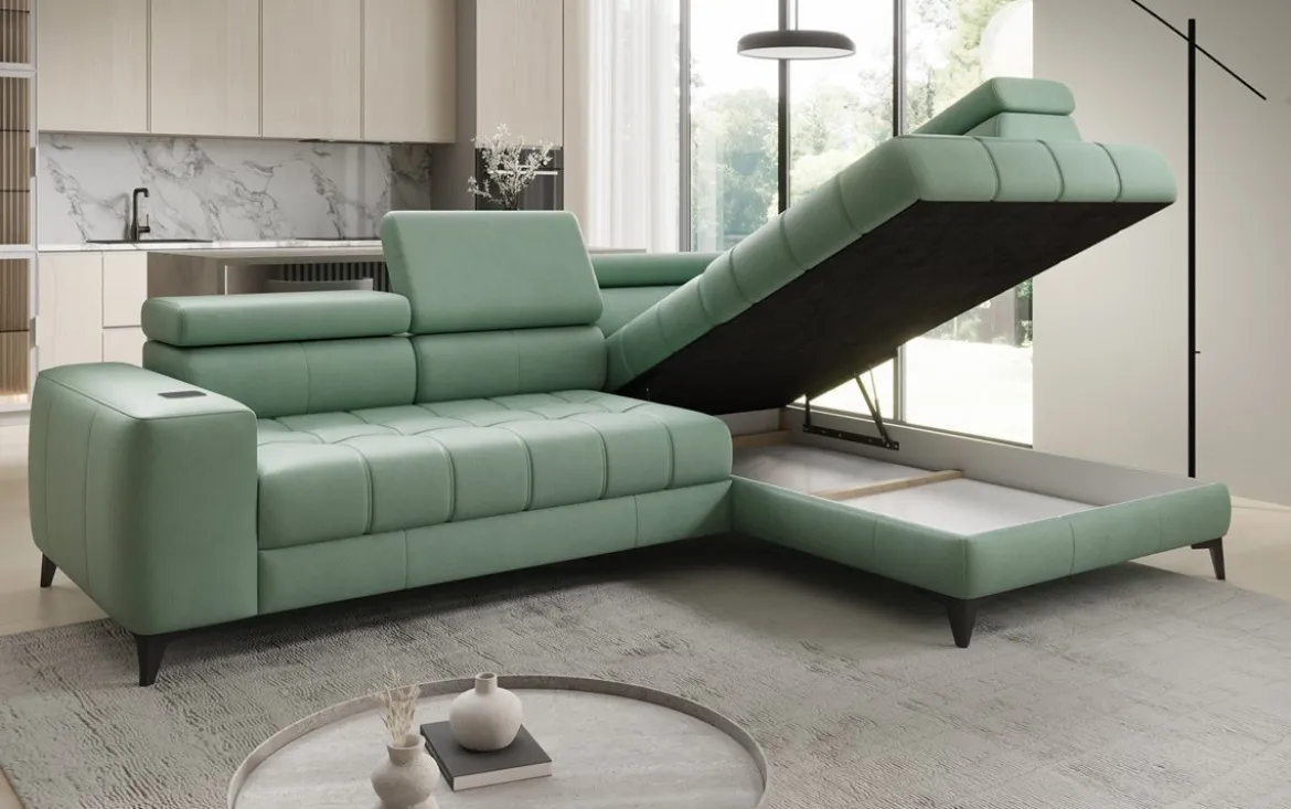 Designer Ecksofa Seluna mit elektrischer Schlaffunktion, Induktion und Stauraum in Echtleder