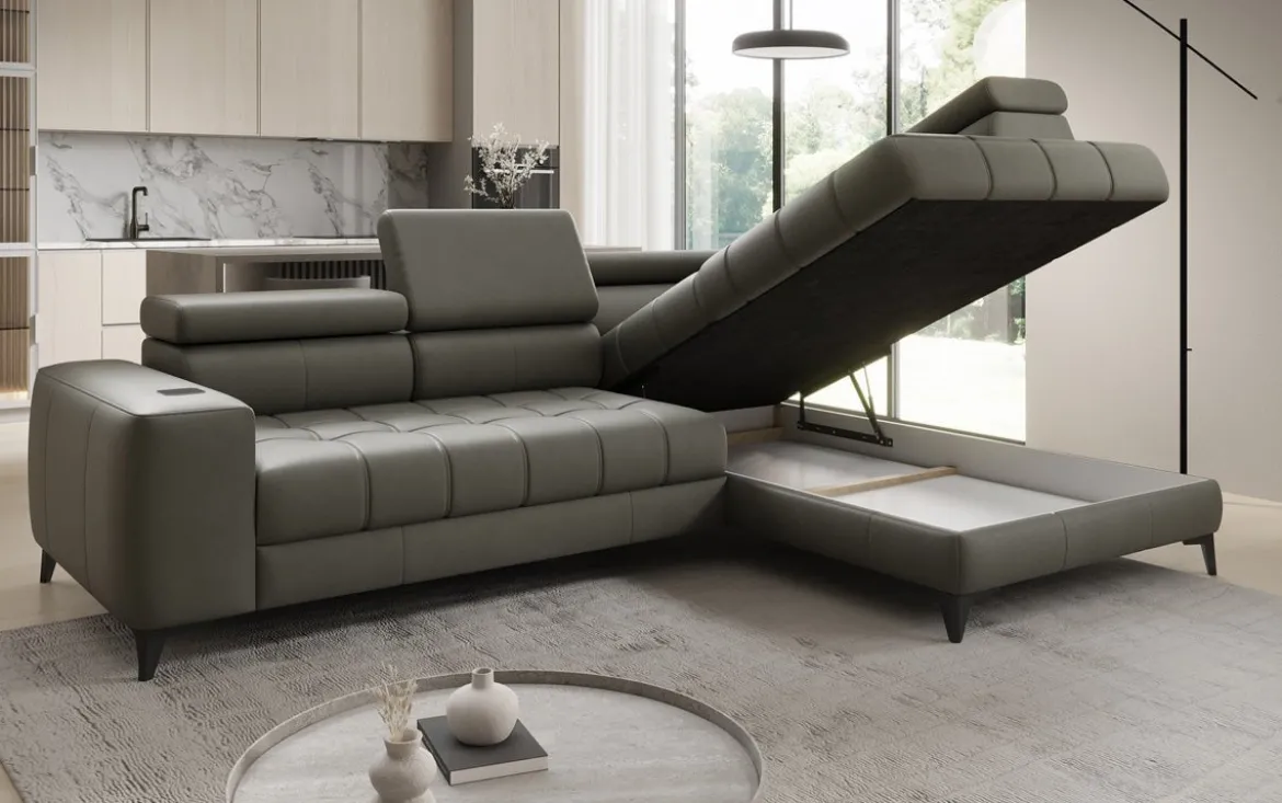Designer Ecksofa Seluna mit elektrischer Schlaffunktion, Induktion und Stauraum in Echtleder