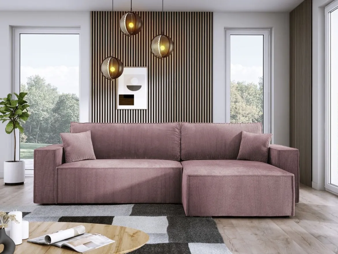 Designer Ecksofa Velanova mit Schlaffunktion und Stauraum aus Cord
