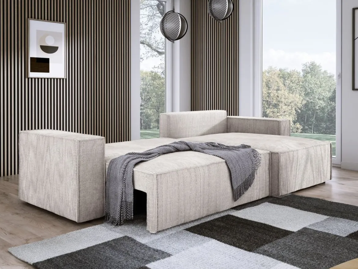 Designer Ecksofa Velanova mit Schlaffunktion und Stauraum aus Cord