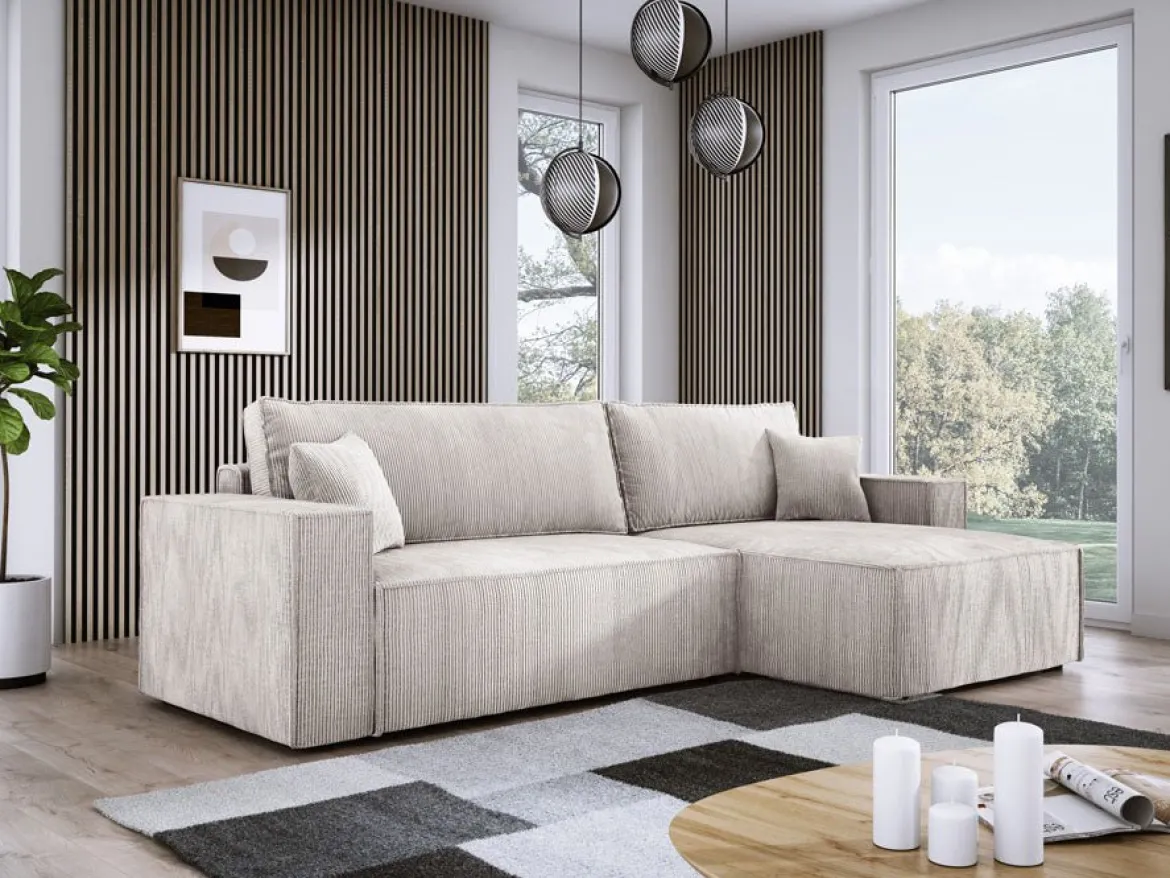 Designer Ecksofa Velanova mit Schlaffunktion und Stauraum aus Cord