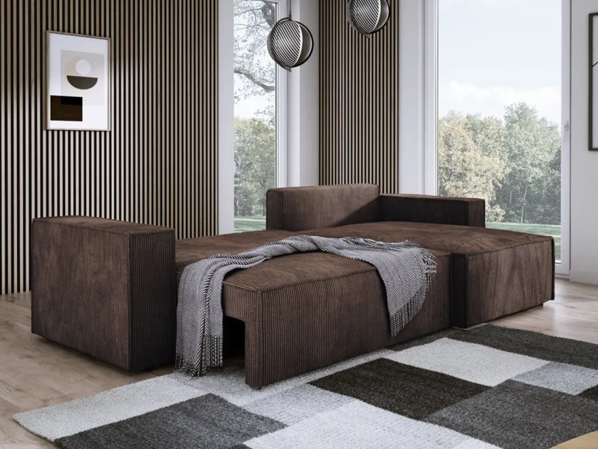 Designer Ecksofa Velanova mit Schlaffunktion und Stauraum aus Cord