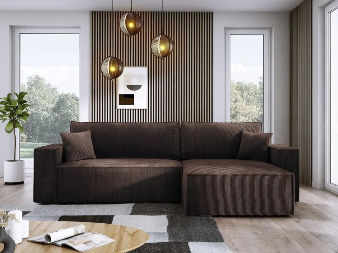 Designer Ecksofa Velanova mit Schlaffunktion und Stauraum aus Cord