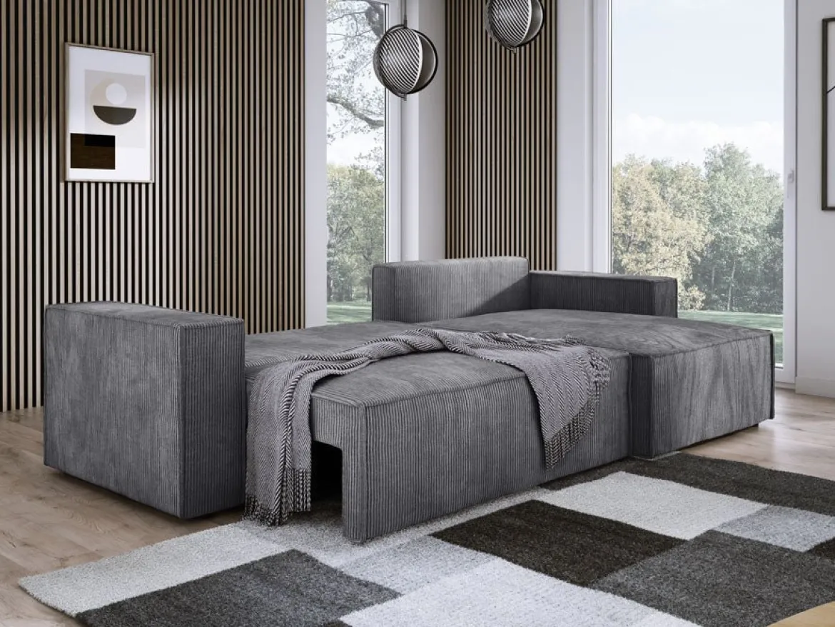 Designer Ecksofa Velanova mit Schlaffunktion und Stauraum aus Cord