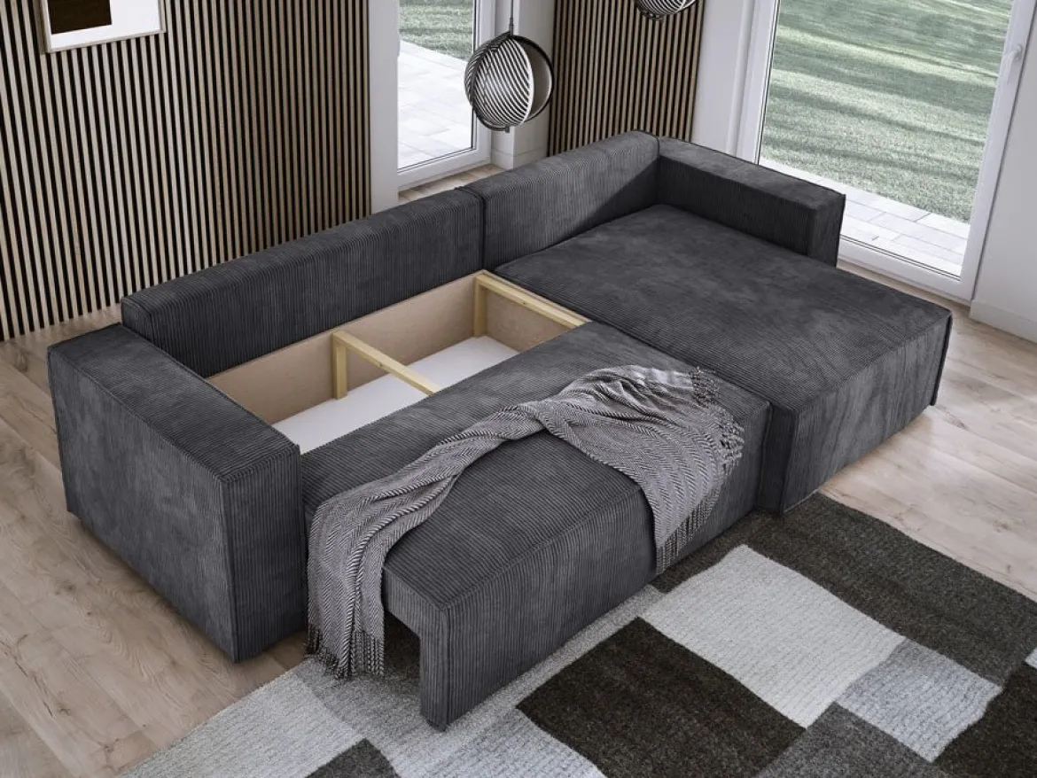 Designer Ecksofa Velanova mit Schlaffunktion und Stauraum aus Cord